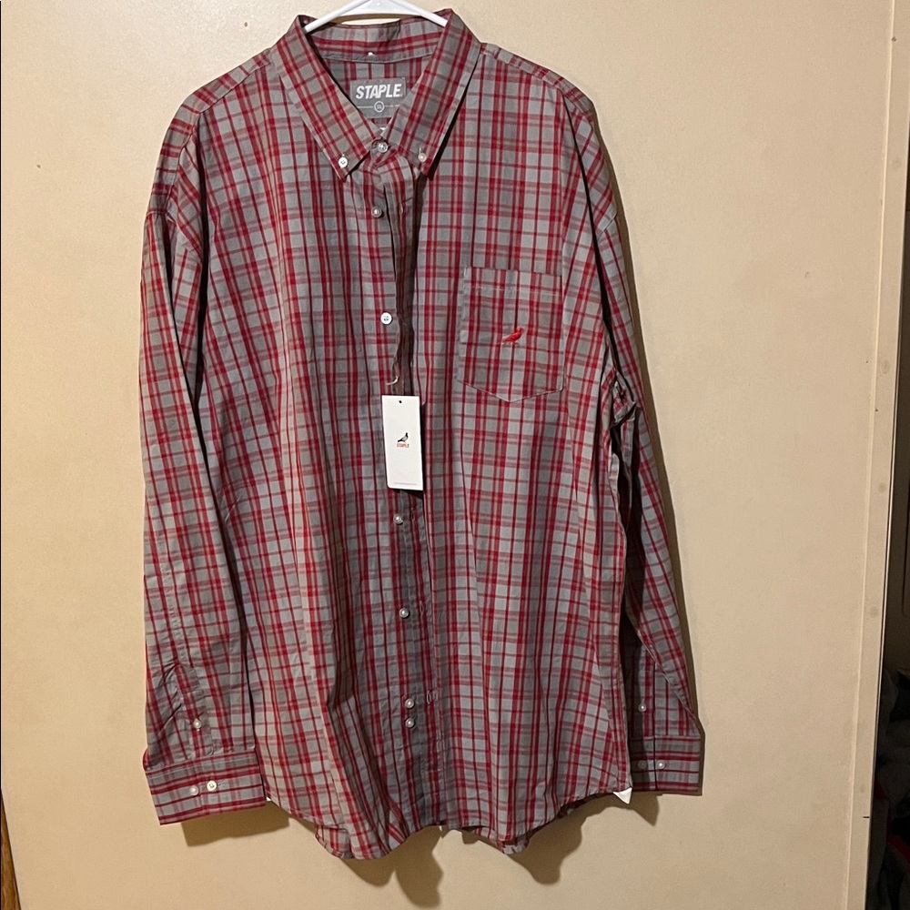 Staple Men's Gray and Red Checkered Shirt